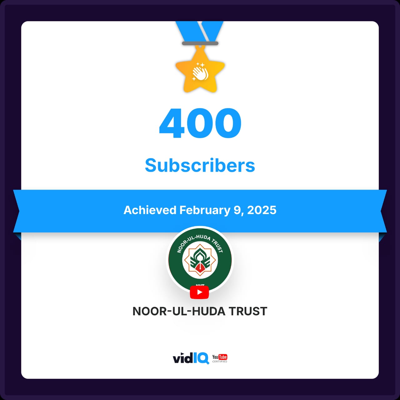 400 Subscribers (NHT) Achieved February 9, 2025